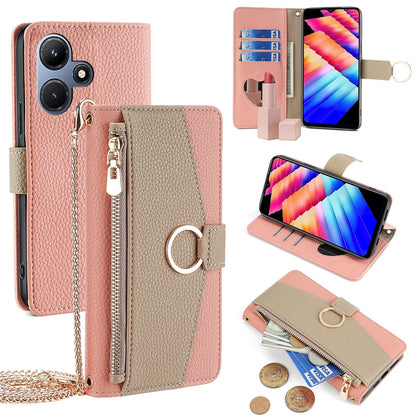 Infinix Hot 30i 4G Crossbody Phone Case with Litchi Texture Leather, Adjustable Kickstand, Card Slots, Zipper Purse, Makeup Mirror, and TPU Protection