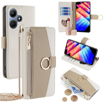 Infinix Hot 30i 4G Crossbody Phone Case with Litchi Texture Leather, Adjustable Kickstand, Card Slots, Zipper Purse, Makeup Mirror, and TPU Protection