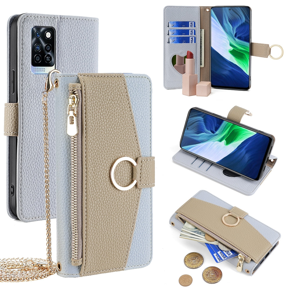 Infinix Note 10 Pro Crossbody Phone Case with Litchi Texture Leather, Adjustable Kickstand, Card Slots, Zipper Purse, Makeup Mirror, and TPU Protection