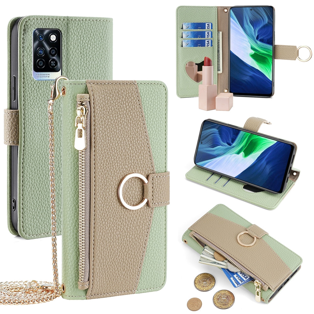 Infinix Note 10 Pro Crossbody Phone Case with Litchi Texture Leather, Adjustable Kickstand, Card Slots, Zipper Purse, Makeup Mirror, and TPU Protection