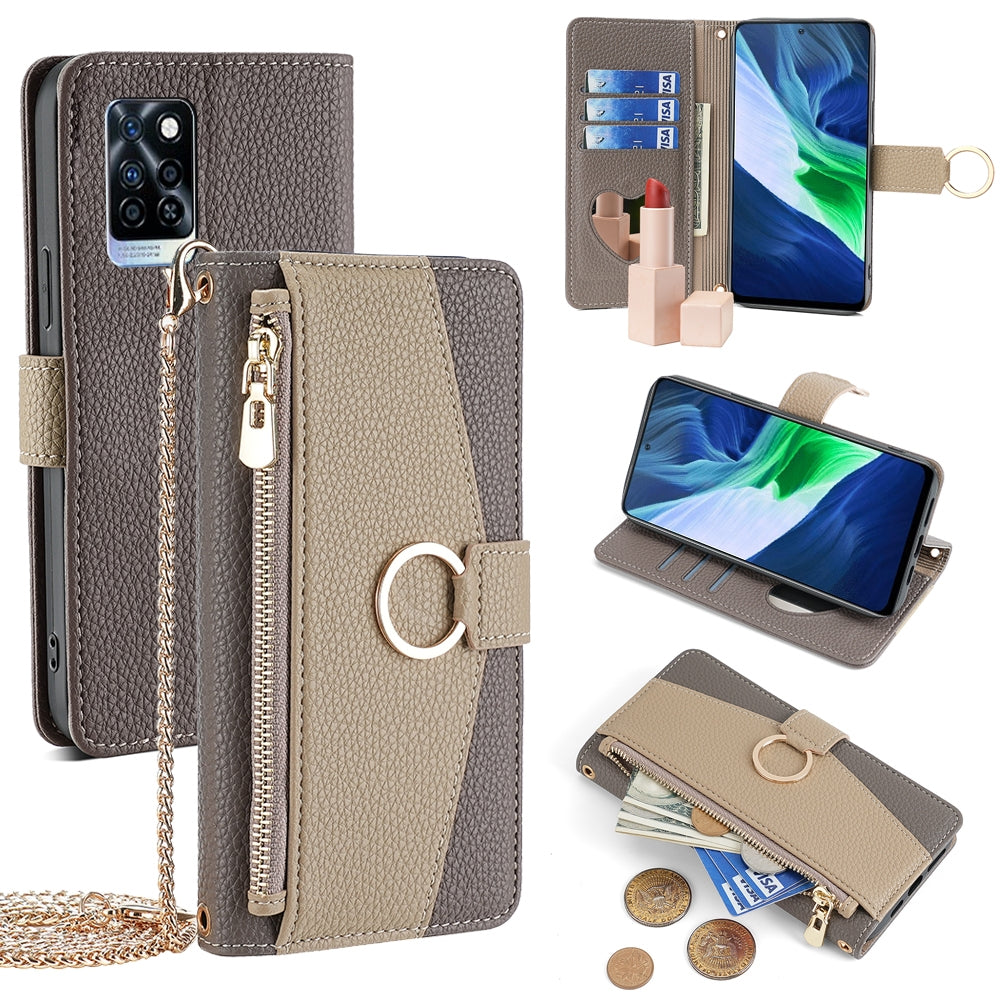 Infinix Note 10 Pro Crossbody Phone Case with Litchi Texture Leather, Adjustable Kickstand, Card Slots, Zipper Purse, Makeup Mirror, and TPU Protection