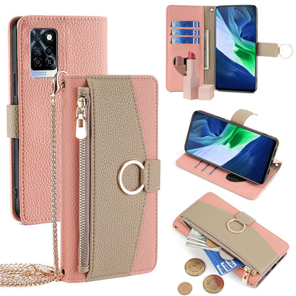 Infinix Note 10 Pro Crossbody Phone Case with Litchi Texture Leather, Adjustable Kickstand, Card Slots, Zipper Purse, Makeup Mirror, and TPU Protection