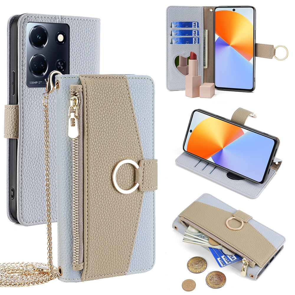 Infinix Note 30 4G Crossbody Phone Case with Litchi Texture Leather, Adjustable Kickstand, Card Slots, Zipper Purse, Makeup Mirror, and TPU Protection