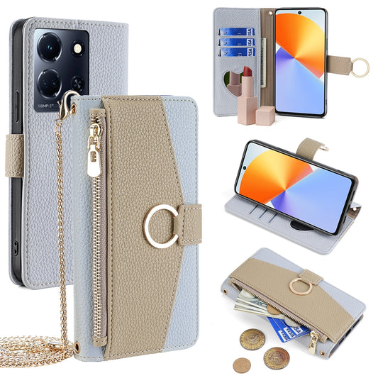 Infinix Note 30 4G Crossbody Phone Case with Litchi Texture Leather, Adjustable Kickstand, Card Slots, Zipper Purse, Makeup Mirror, and TPU Protection
