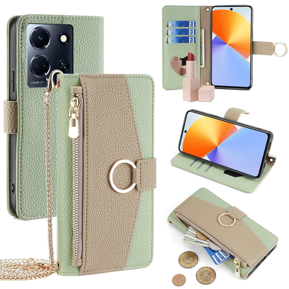 Infinix Note 30 4G Crossbody Phone Case with Litchi Texture Leather, Adjustable Kickstand, Card Slots, Zipper Purse, Makeup Mirror, and TPU Protection