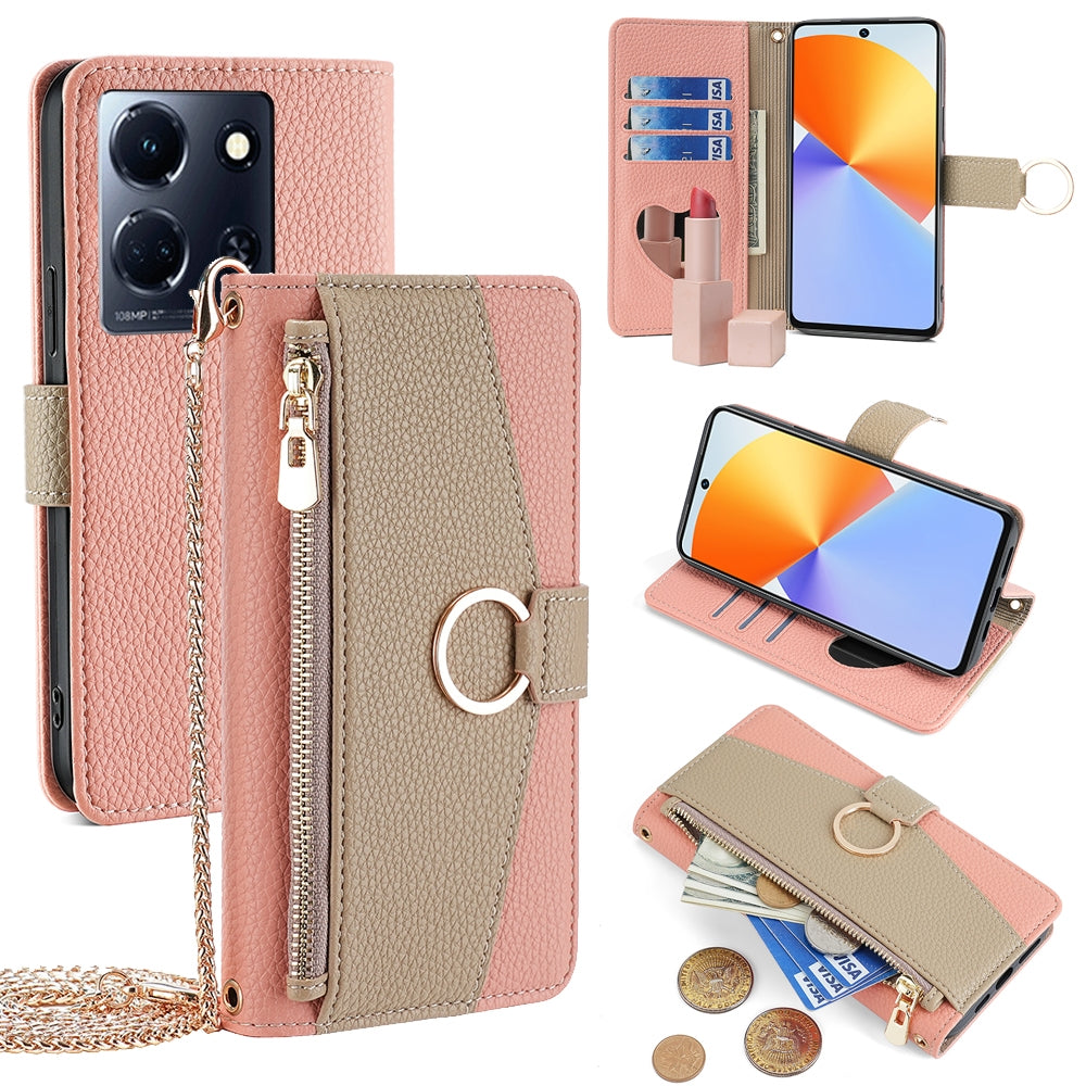 Infinix Note 30 4G Crossbody Phone Case with Litchi Texture Leather, Adjustable Kickstand, Card Slots, Zipper Purse, Makeup Mirror, and TPU Protection