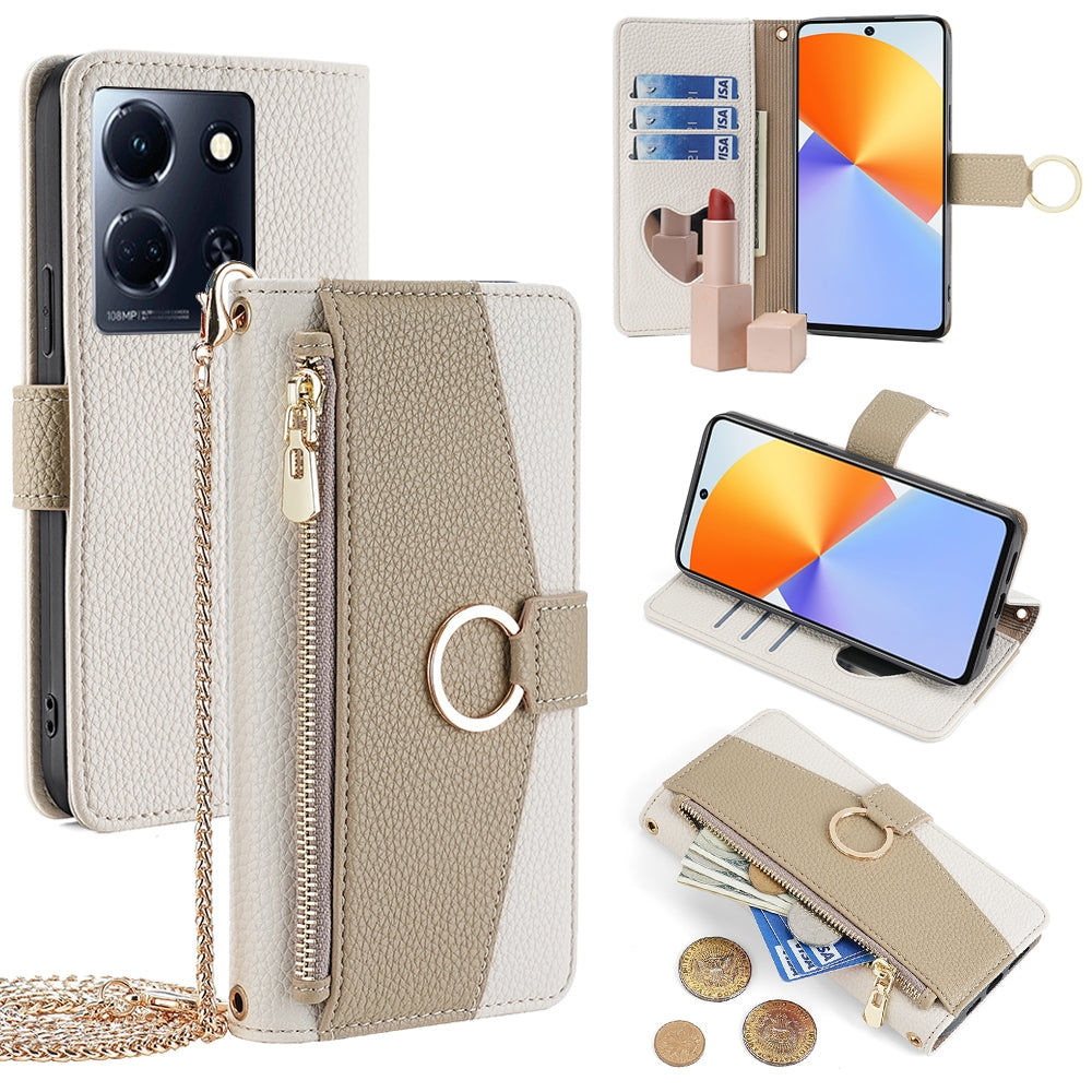 Infinix Note 30 4G Crossbody Phone Case with Litchi Texture Leather, Adjustable Kickstand, Card Slots, Zipper Purse, Makeup Mirror, and TPU Protection