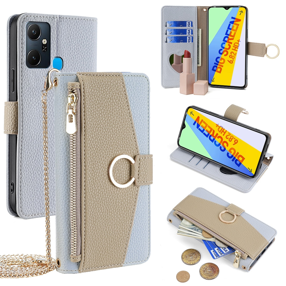 Infinix Smart 6 Plus Crossbody Phone Case with Litchi Texture Leather, Adjustable Kickstand, Card Slots, Zipper Purse, Makeup Mirror, and TPU Protection