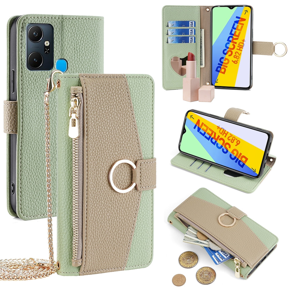 Infinix Smart 6 Plus Crossbody Phone Case with Litchi Texture Leather, Adjustable Kickstand, Card Slots, Zipper Purse, Makeup Mirror, and TPU Protection