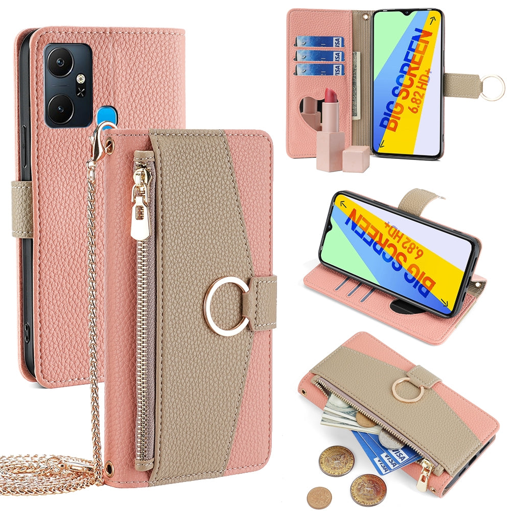 Infinix Smart 6 Plus Crossbody Phone Case with Litchi Texture Leather, Adjustable Kickstand, Card Slots, Zipper Purse, Makeup Mirror, and TPU Protection