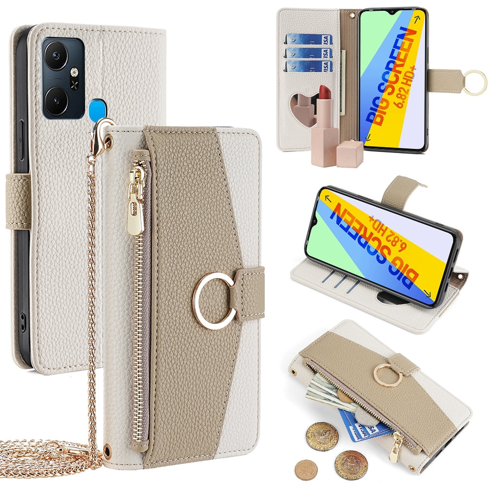 Infinix Smart 6 Plus Crossbody Phone Case with Litchi Texture Leather, Adjustable Kickstand, Card Slots, Zipper Purse, Makeup Mirror, and TPU Protection
