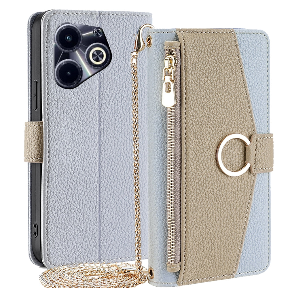 Infinix Hot 40i Crossbody Phone Case with Litchi Texture Leather, Adjustable Kickstand, Card Slots, Zipper Purse, Makeup Mirror, and TPU Protection