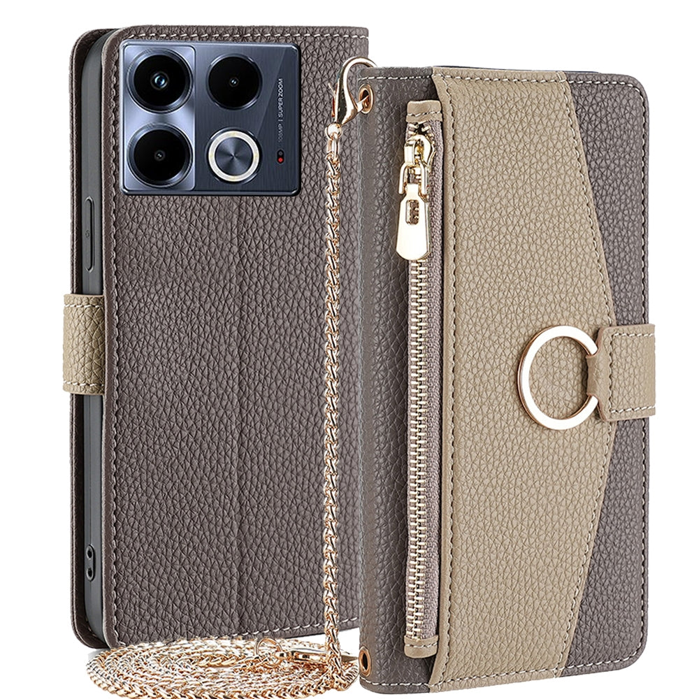 Infinix Note 40 4G Crossbody Phone Case with Litchi Texture Leather, Adjustable Kickstand, Card Slots, Zipper Purse, Makeup Mirror, and TPU Protection