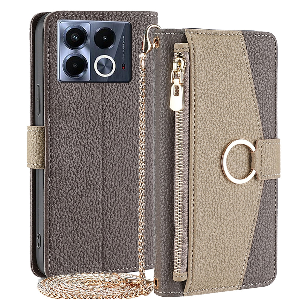 Infinix Note 40 5G Crossbody Phone Case with Litchi Texture Leather, Adjustable Kickstand, Card Slots, Zipper Purse, Makeup Mirror, and TPU Protection