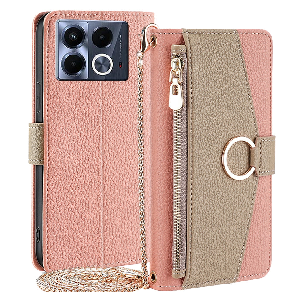 Infinix Note 40 5G Crossbody Phone Case with Litchi Texture Leather, Adjustable Kickstand, Card Slots, Zipper Purse, Makeup Mirror, and TPU Protection