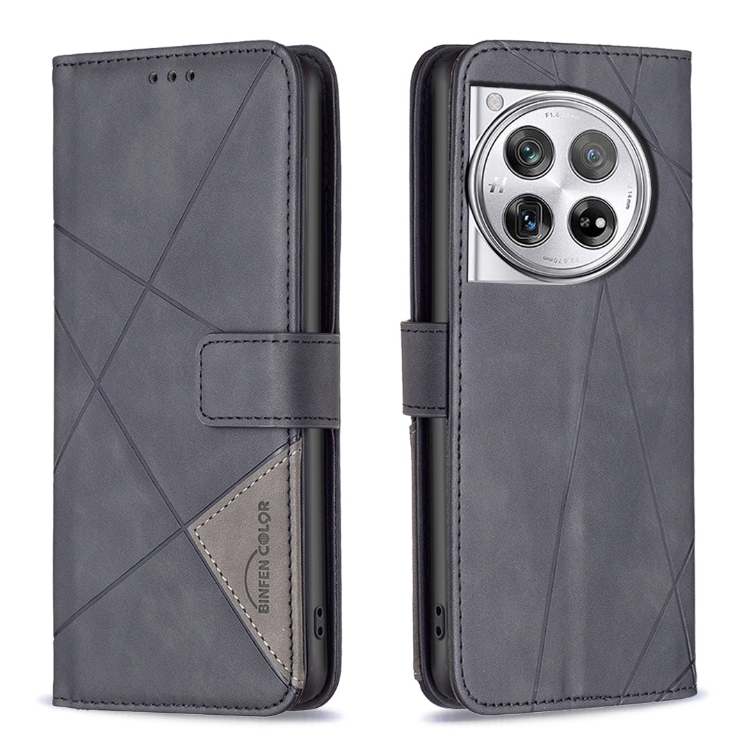 OnePlus 12 5G Rhombus Texture Leather Phone Case with Magnetic Buckle and Card Holder
