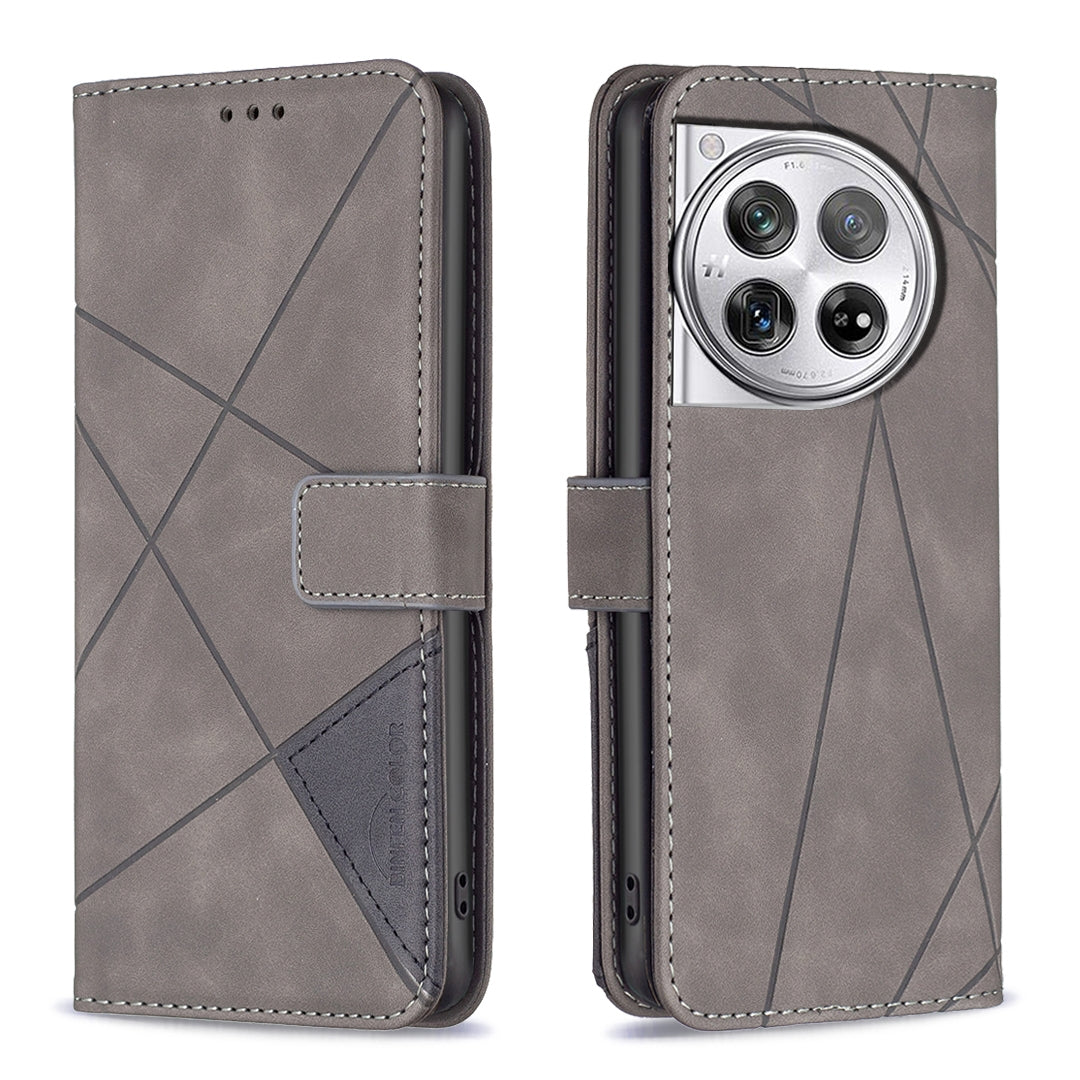 OnePlus 12 5G Rhombus Texture Leather Phone Case with Magnetic Buckle and Card Holder