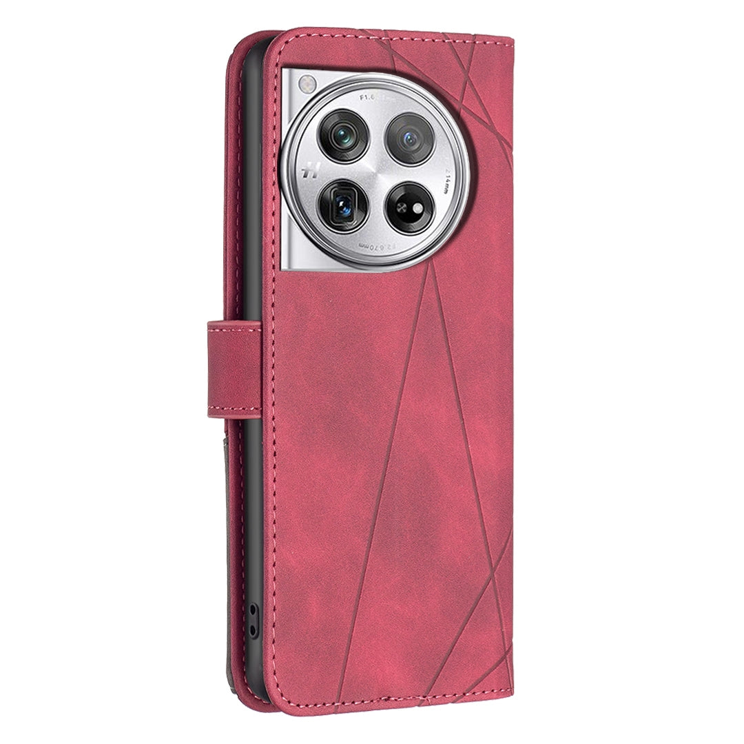 OnePlus 12 5G Rhombus Texture Leather Phone Case with Magnetic Buckle and Card Holder