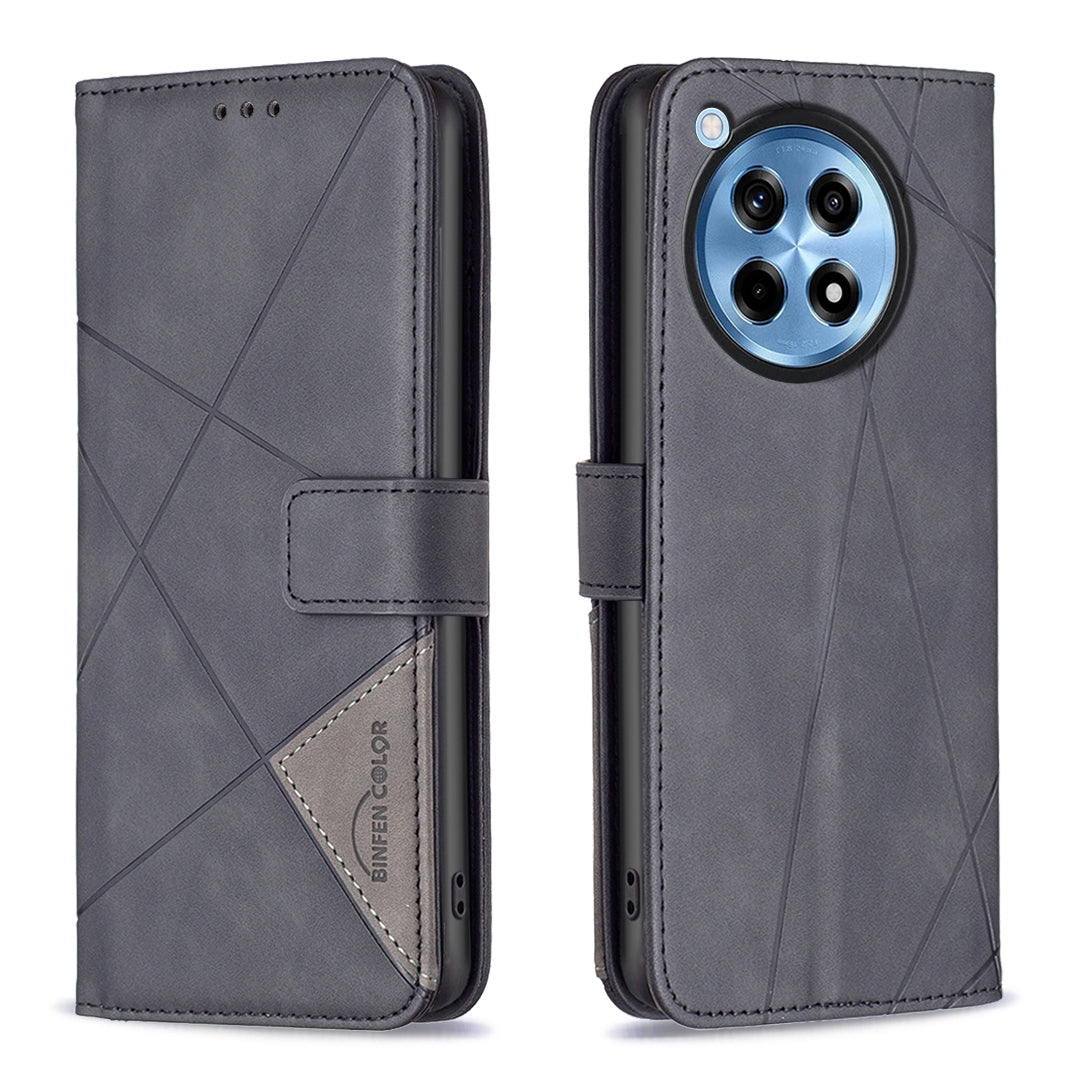 OnePlus 12R Rhombus Texture Leather Phone Case with Magnetic Buckle and Card Holder