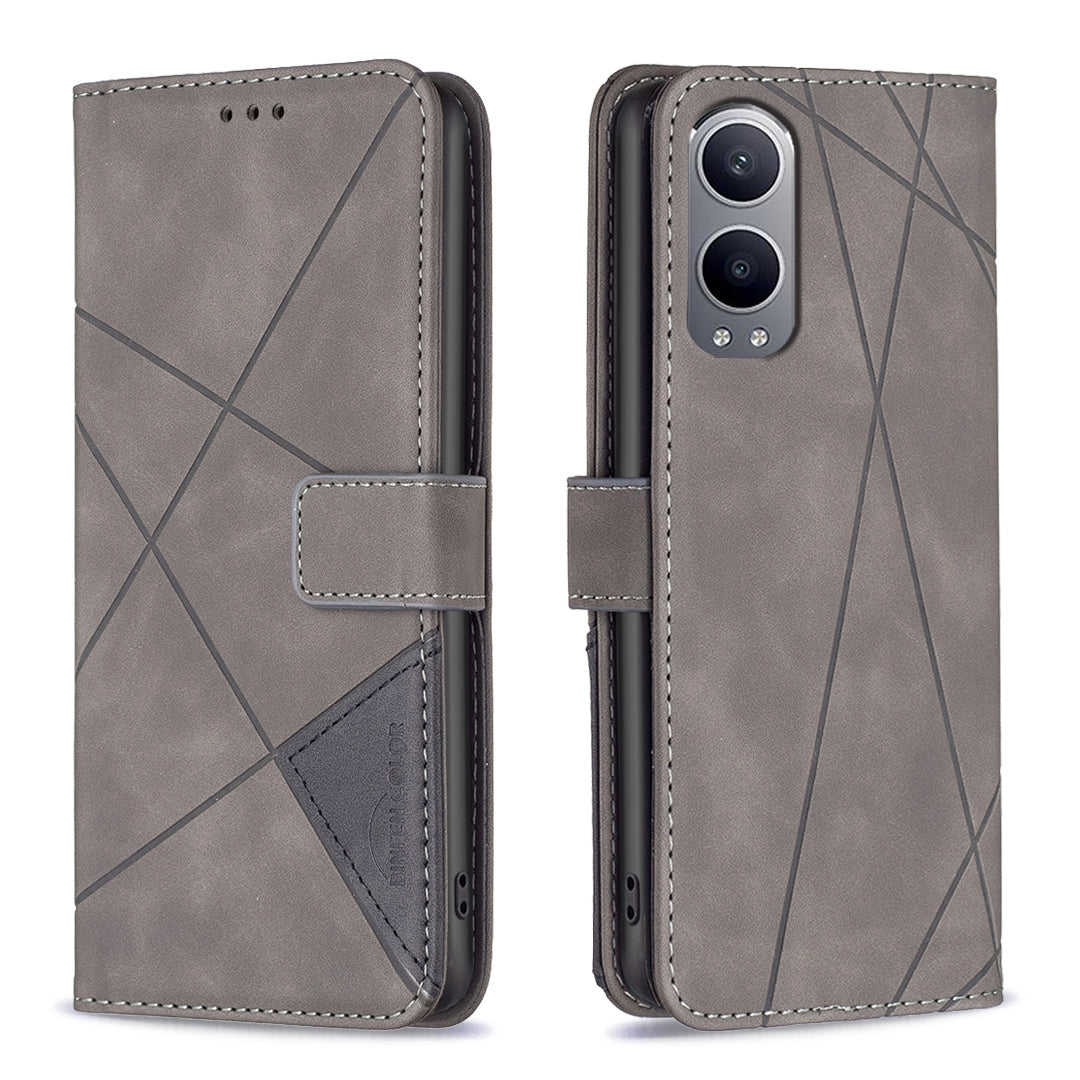 OnePlus Nord CE4 Lite Global Rhombus Texture Leather Phone Case with Magnetic Buckle and Card Holder