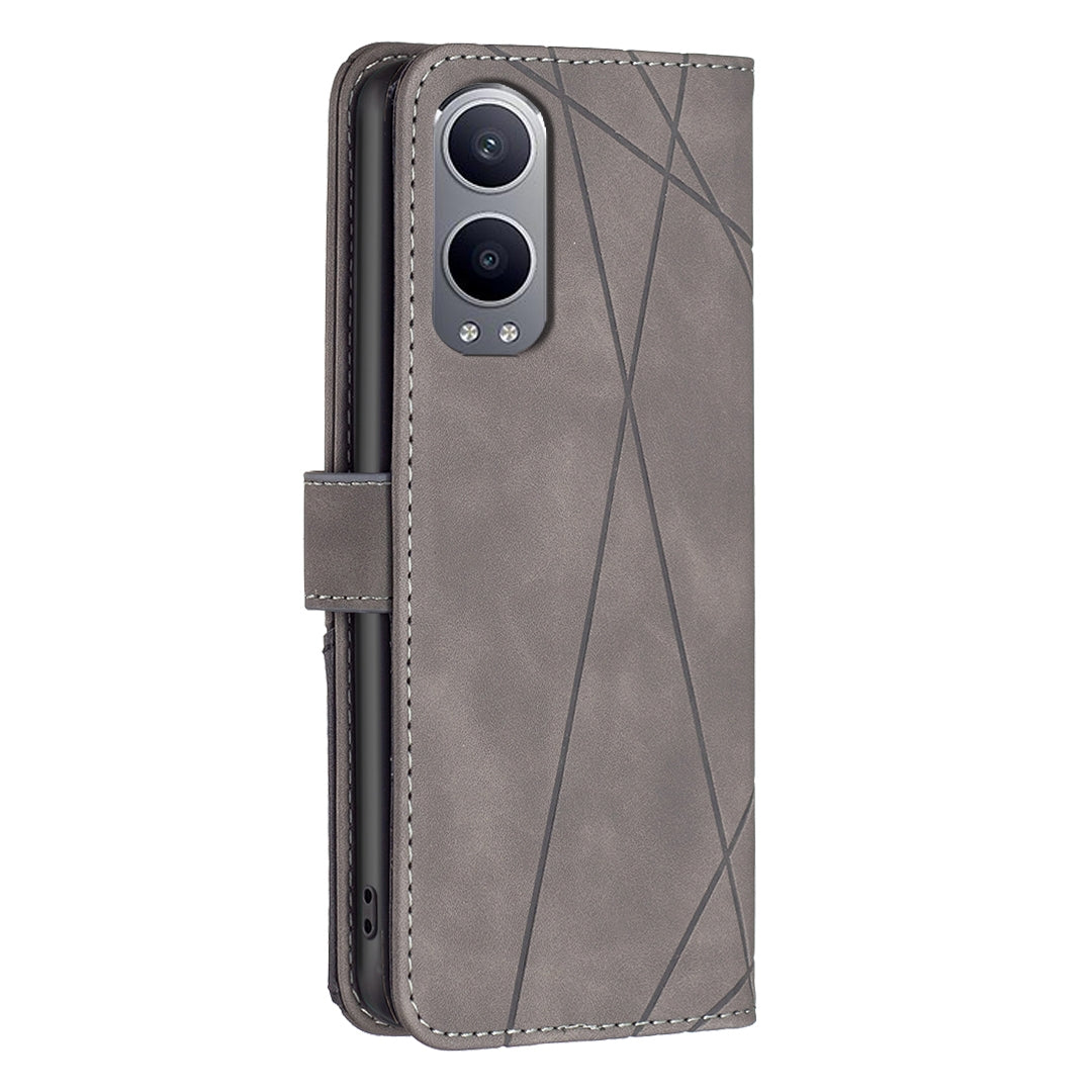 OnePlus Nord CE4 Lite Global Rhombus Texture Leather Phone Case with Magnetic Buckle and Card Holder