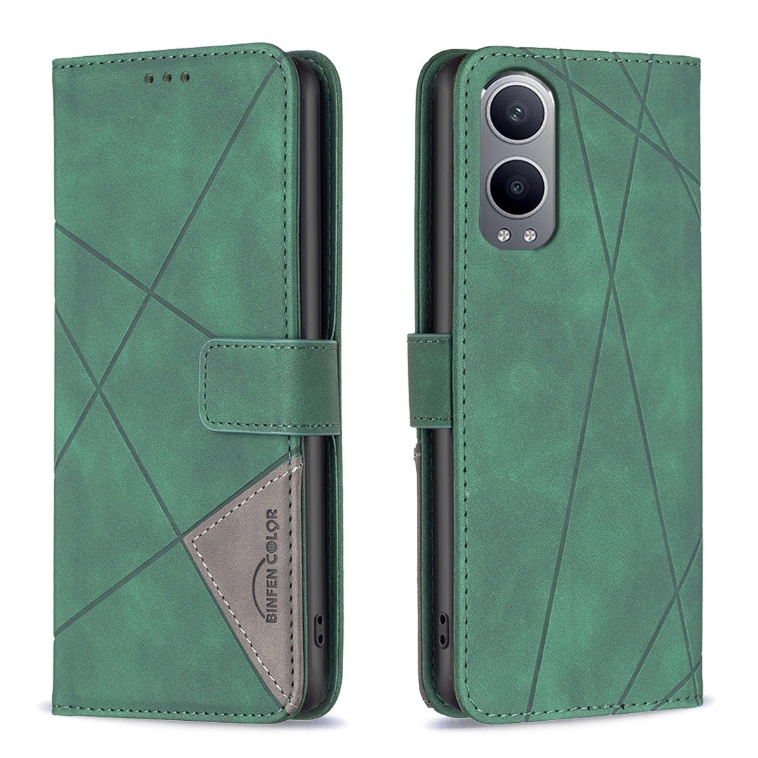 OnePlus Nord CE4 Lite Global Rhombus Texture Leather Phone Case with Magnetic Buckle and Card Holder