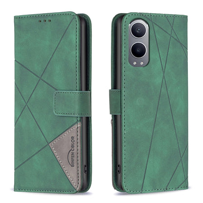 OnePlus Nord CE4 Lite Global Rhombus Texture Leather Phone Case with Magnetic Buckle and Card Holder
