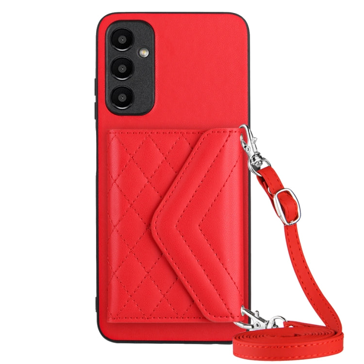 Samsung Galaxy A15 Case - Rhombic Texture, RFID Blocking Wallet, Durable PU Leather with Lanyard