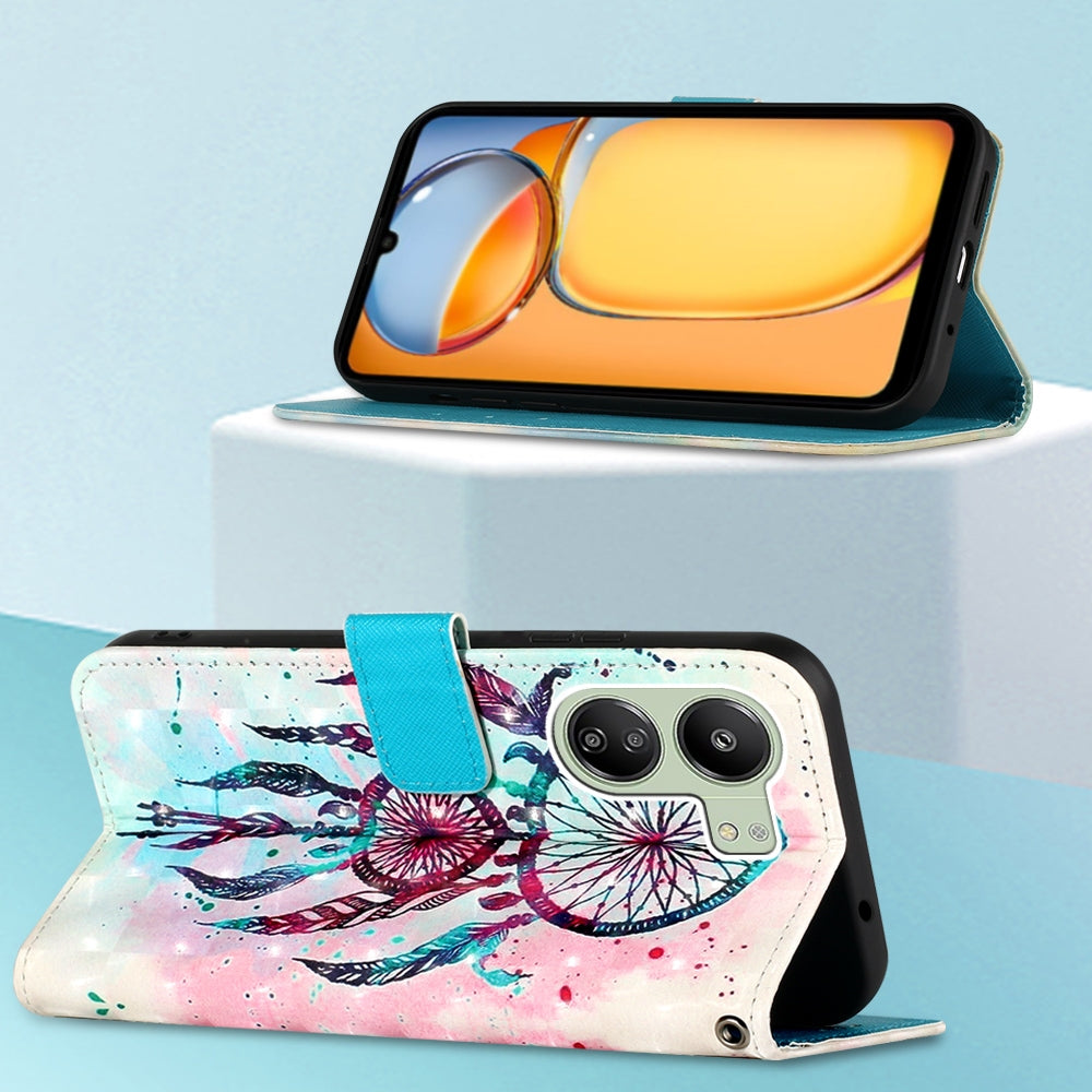 Xiaomi Redmi 13C Leather Flip Phone Case with 3D Painted Design, Card Holder, Wallet & Stand Function - Durable Protection & Easy Access