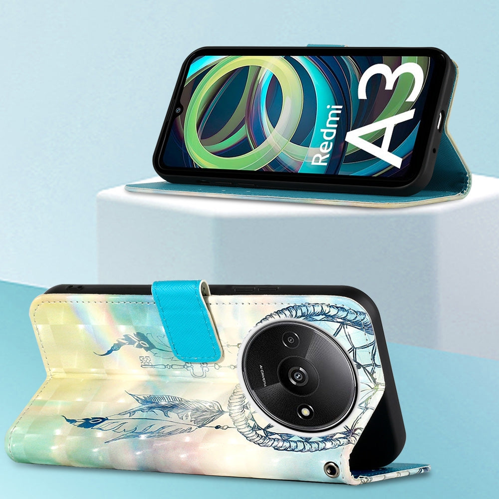 Xiaomi Redmi A3 Leather Flip Phone Case with 3D Painted Design, Card Holder, Wallet & Stand Function - Durable Protection & Easy Access