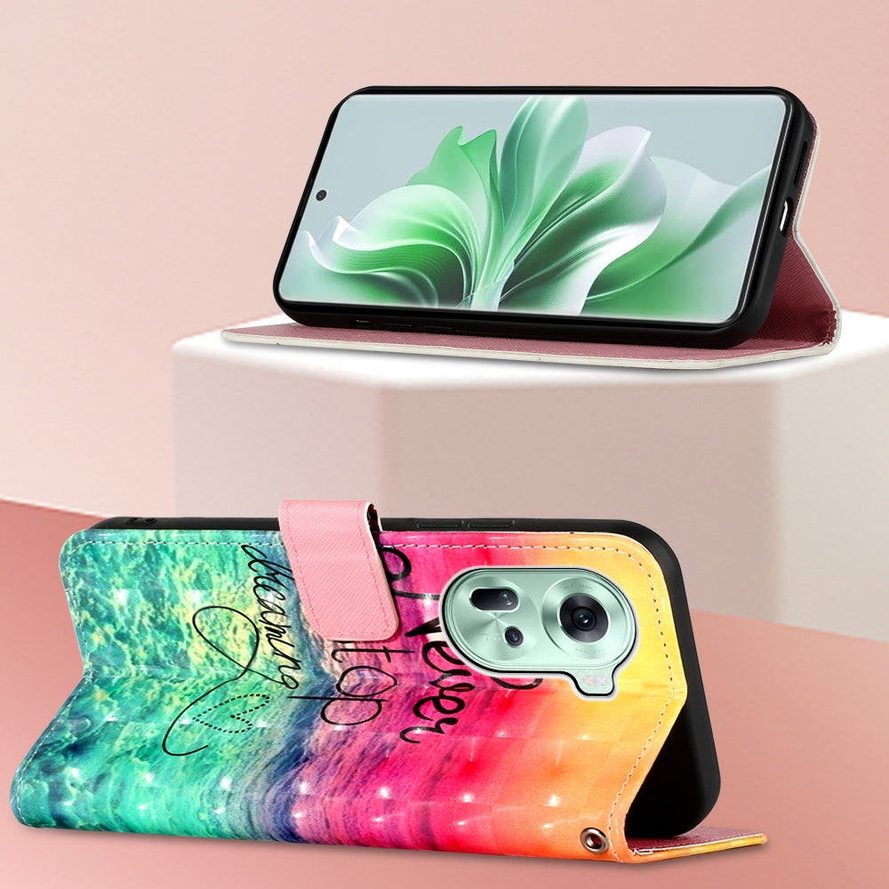 OPPO Reno11 5G Global Leather Flip Phone Case with 3D Painted Design, Card Holder, Wallet & Stand Function - Durable Protection & Easy Access