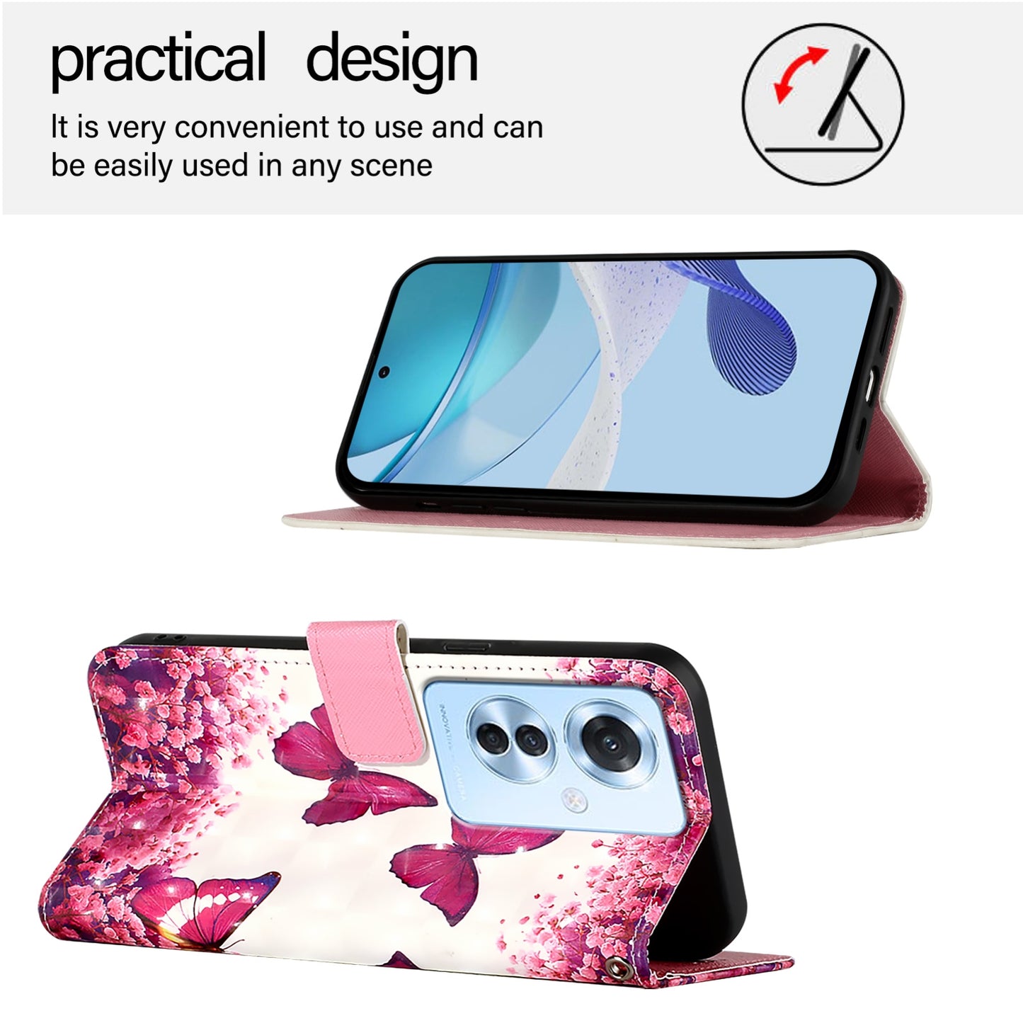 OPPO Reno 11F 5G Global Leather Flip Phone Case with 3D Painted Design, Card Holder, Wallet & Stand Function - Durable Protection & Easy Access