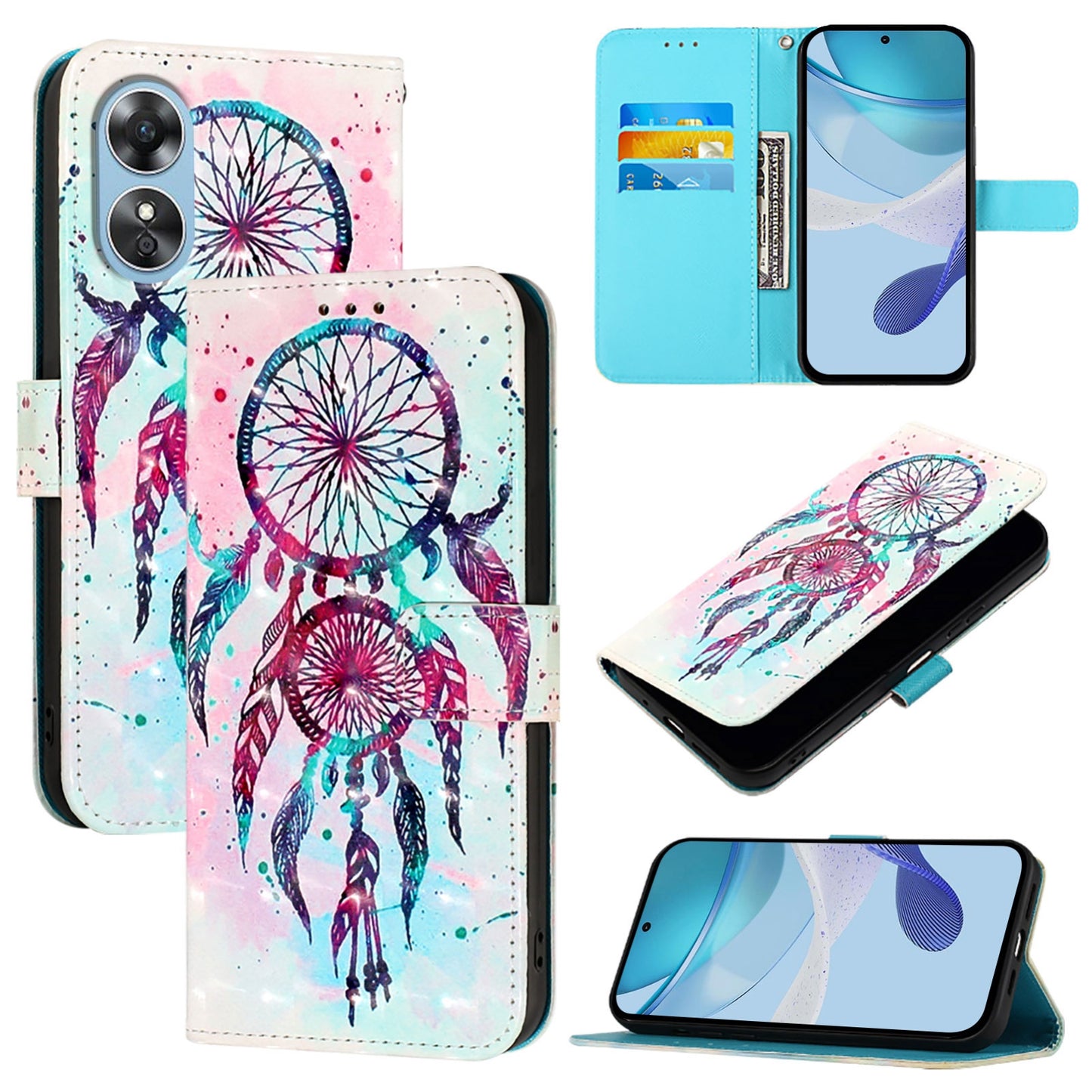 OPPO A17 4G Global Leather Flip Phone Case with 3D Painted Design, Card Holder, Wallet & Stand Function - Durable Protection & Easy Access