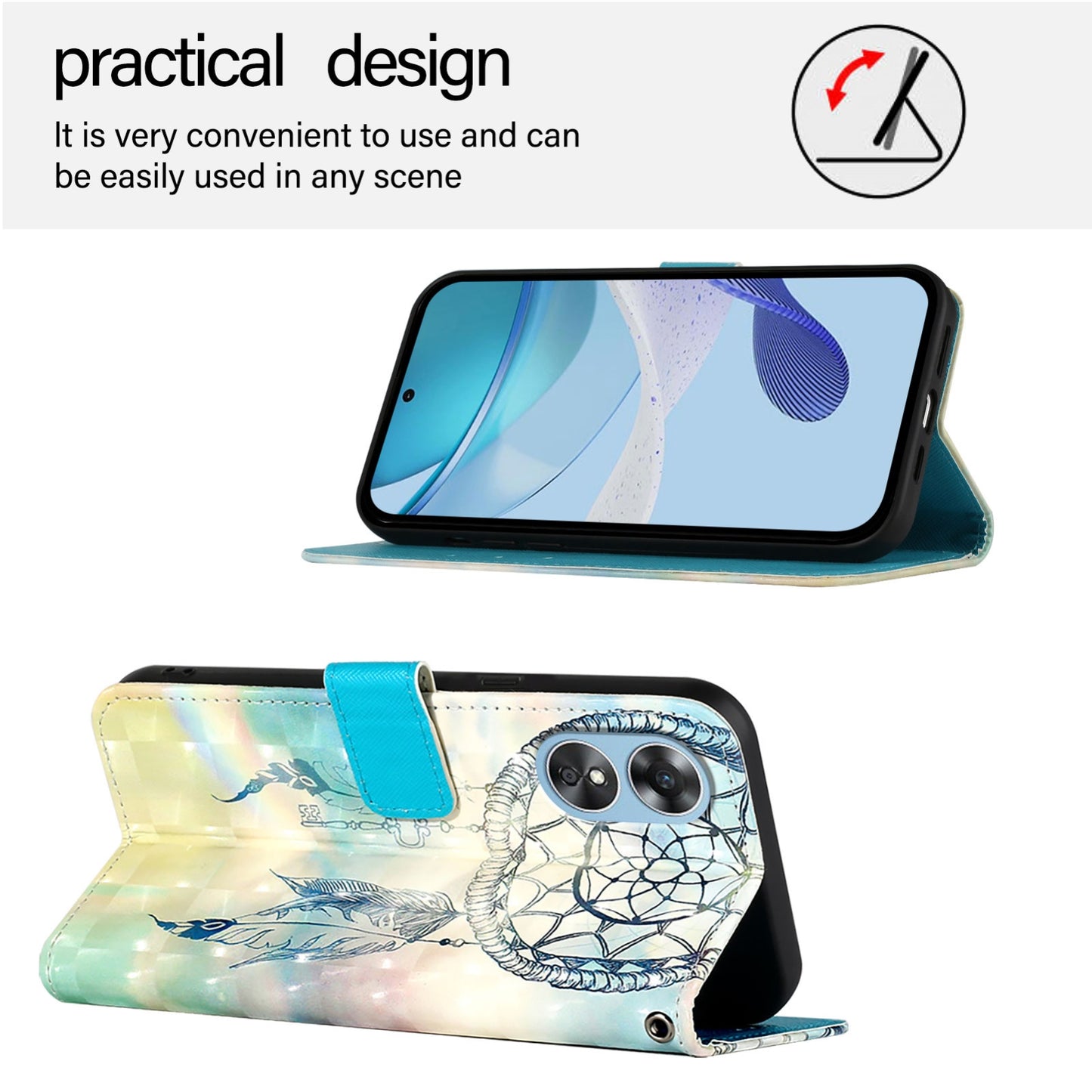 OPPO A17k Leather Flip Phone Case with 3D Painted Design, Card Holder, Wallet & Stand Function - Durable Protection & Easy Access