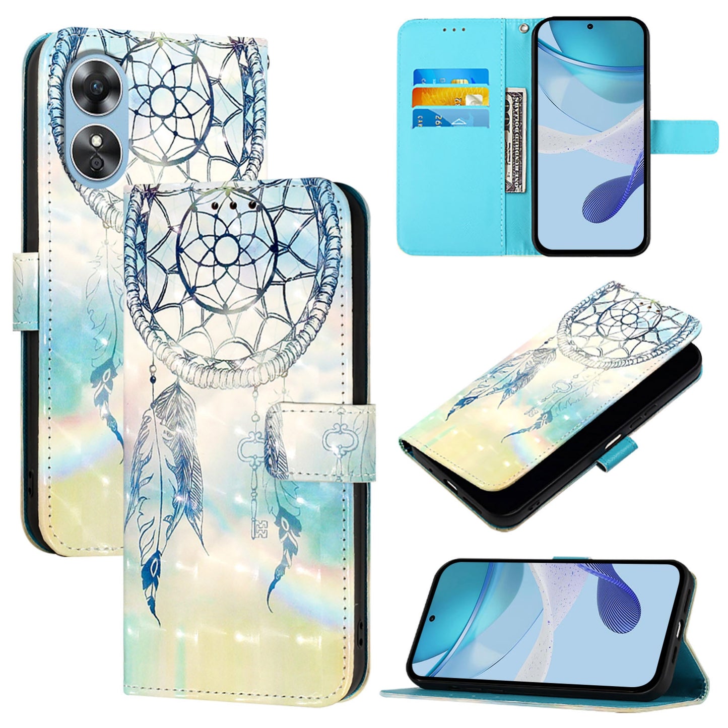 OPPO A17k Leather Flip Phone Case with 3D Painted Design, Card Holder, Wallet & Stand Function - Durable Protection & Easy Access
