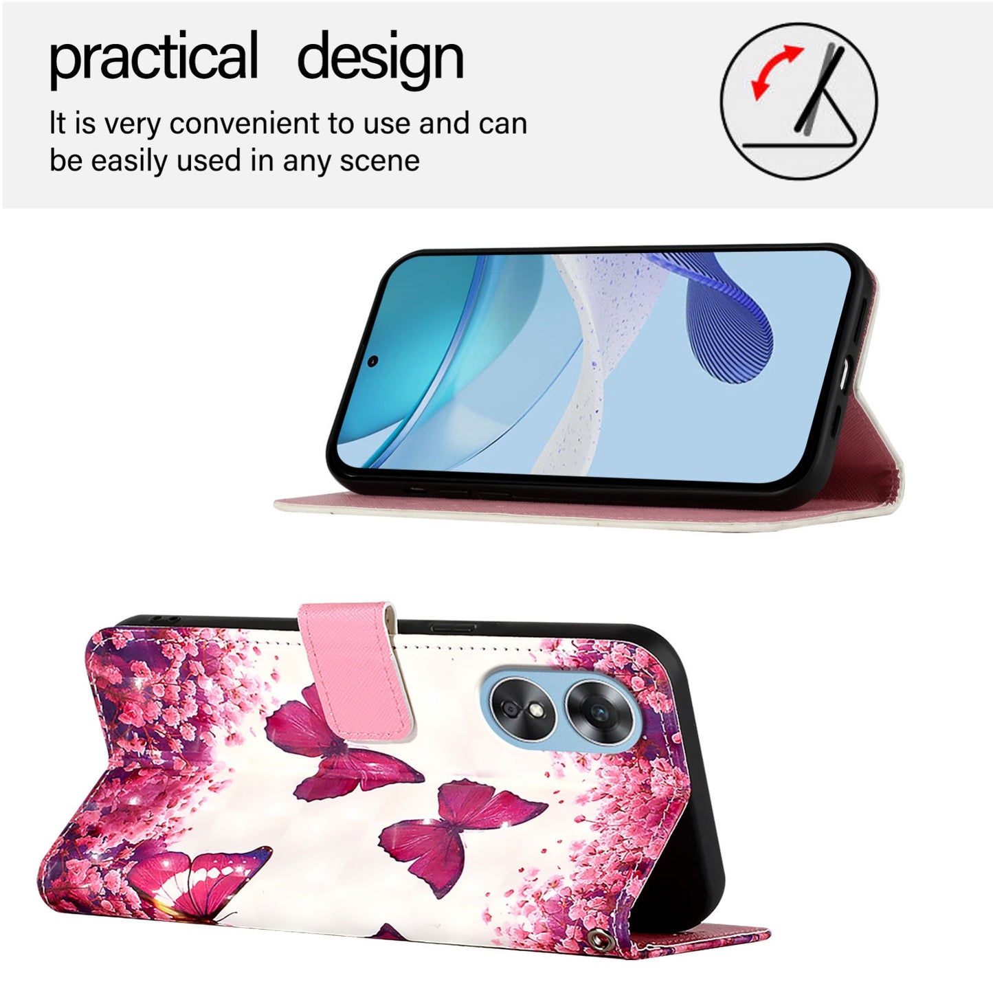 OPPO A17k Leather Flip Phone Case with 3D Painted Design, Card Holder, Wallet & Stand Function - Durable Protection & Easy Access