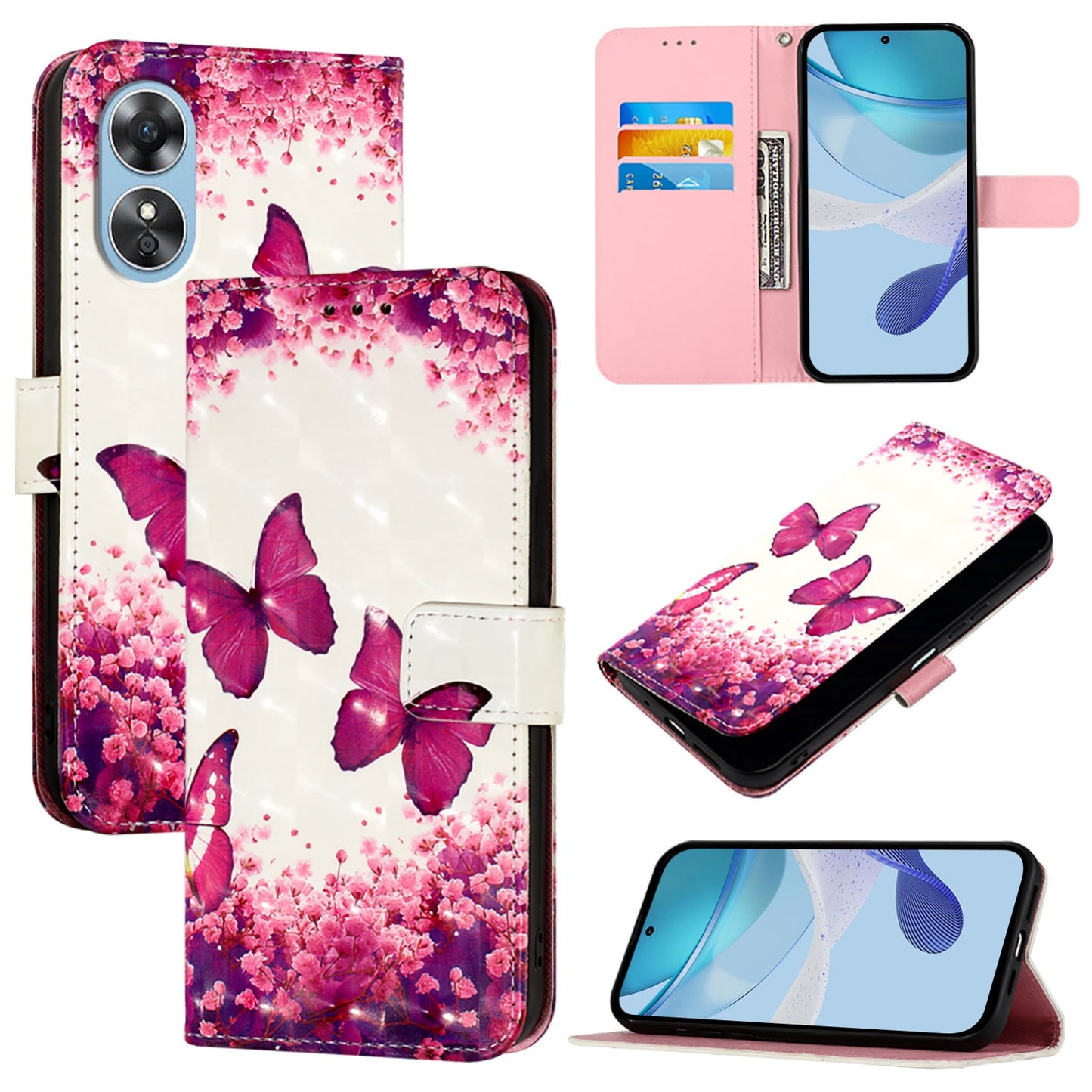 OPPO A17k Leather Flip Phone Case with 3D Painted Design, Card Holder, Wallet & Stand Function - Durable Protection & Easy Access