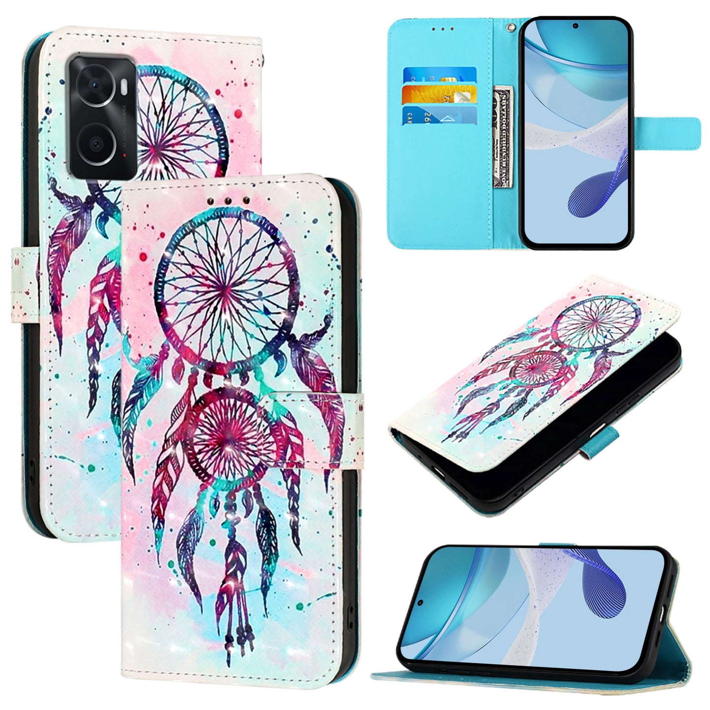 OPPO A96 4G Leather Flip Phone Case with 3D Painted Design, Card Holder, Wallet & Stand Function - Durable Protection & Easy Access