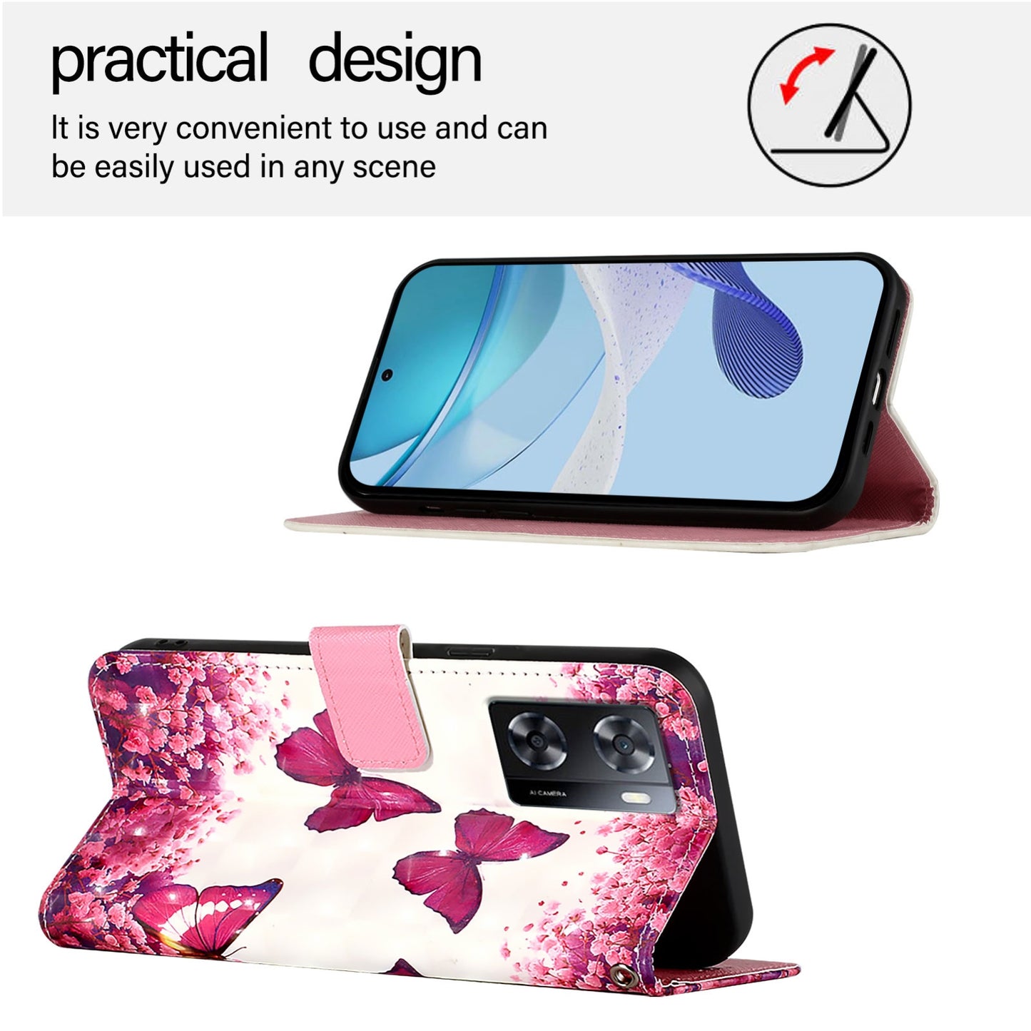 OPPO A57 4G Leather Flip Phone Case with 3D Painted Design, Card Holder, Wallet & Stand Function - Durable Protection & Easy Access