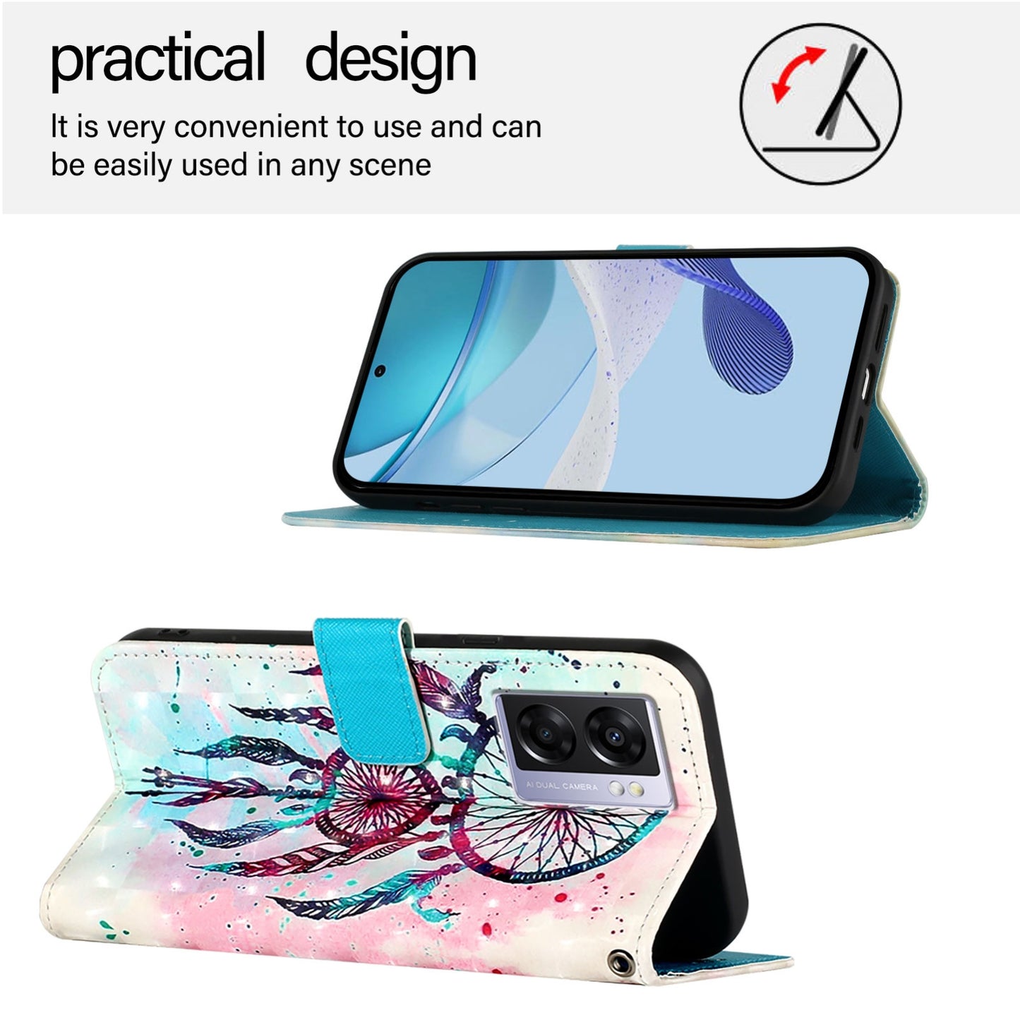 OPPO A97 5G Leather Flip Phone Case with 3D Painted Design, Card Holder, Wallet & Stand Function - Durable Protection & Easy Access