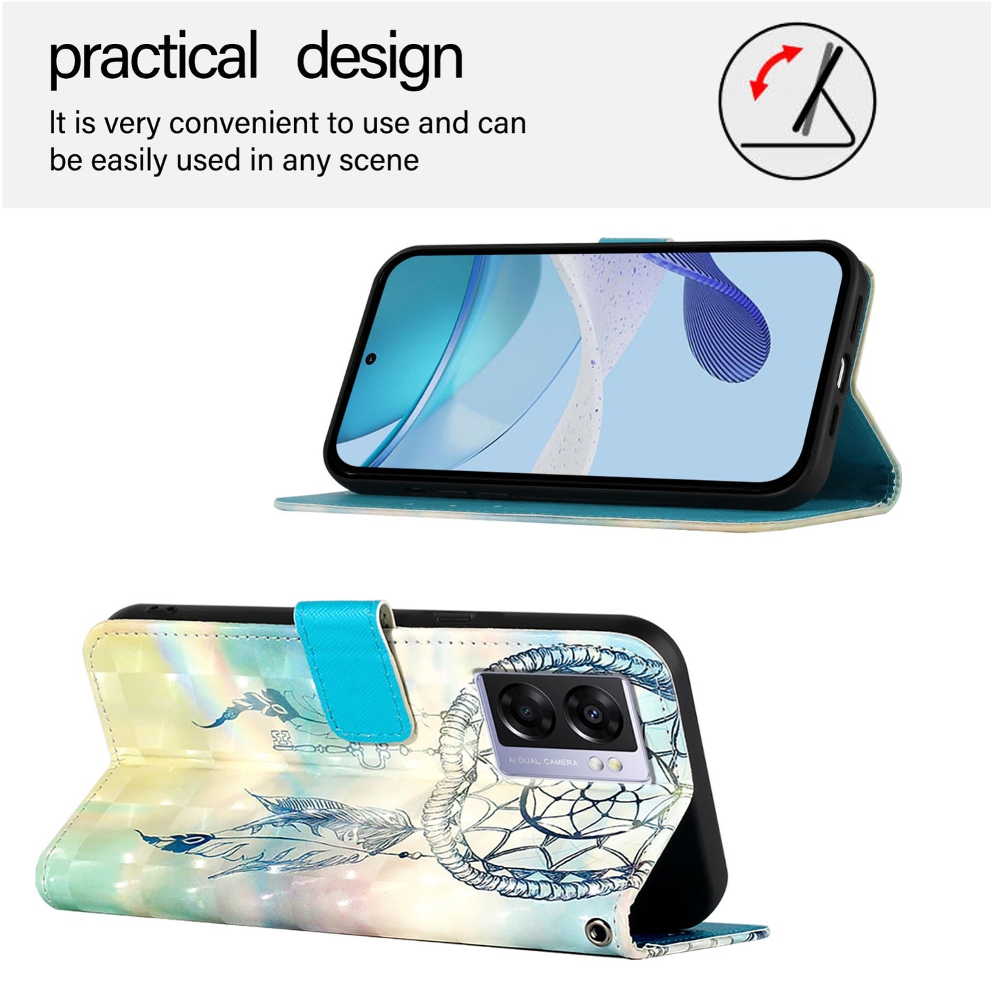 Realme V23 Leather Flip Phone Case with 3D Painted Design, Card Holder, Wallet & Stand Function - Durable Protection & Easy Access