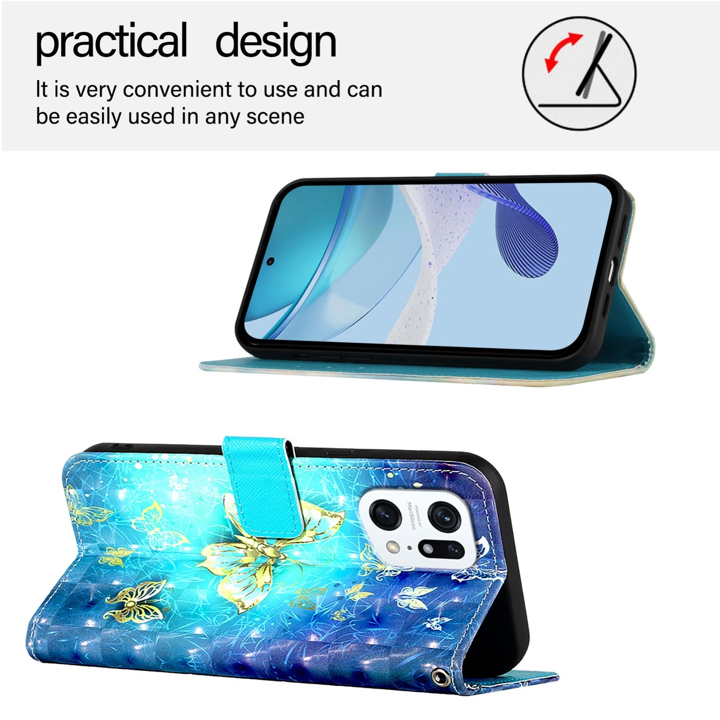 OPPO Find X5 Pro Leather Flip Phone Case with 3D Painted Design, Card Holder, Wallet & Stand Function - Durable Protection & Easy Access
