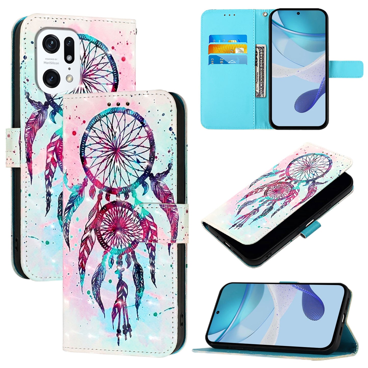 OPPO Find X5 Pro Leather Flip Phone Case with 3D Painted Design, Card Holder, Wallet & Stand Function - Durable Protection & Easy Access