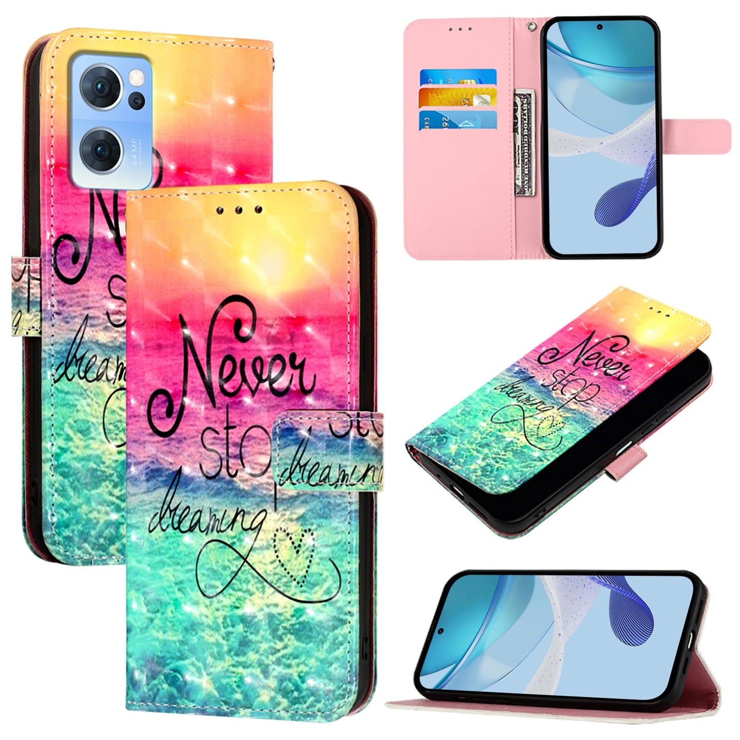 OPPO Reno7 5G Global Leather Flip Phone Case with 3D Painted Design, Card Holder, Wallet & Stand Function - Durable Protection & Easy Access