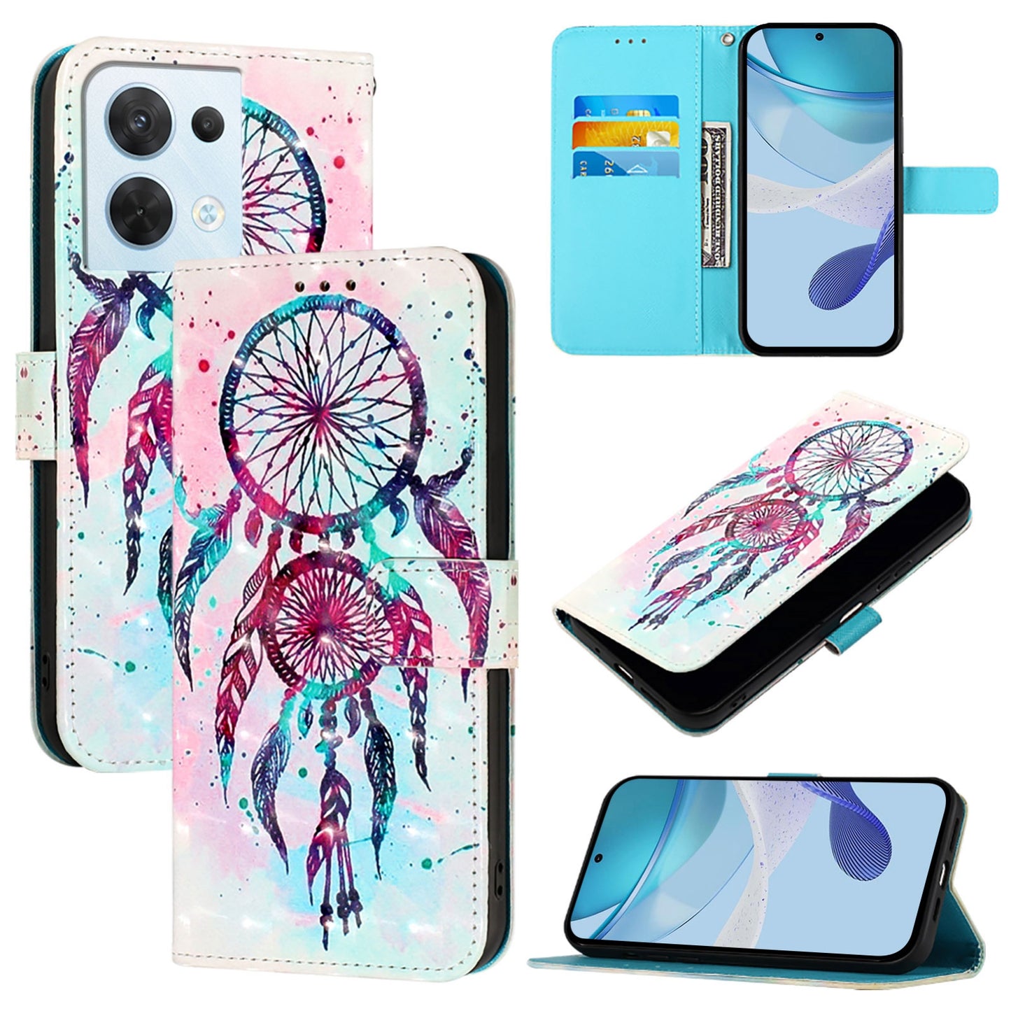 OPPO Reno8 5G Global Leather Flip Phone Case with 3D Painted Design, Card Holder, Wallet & Stand Function - Durable Protection & Easy Access