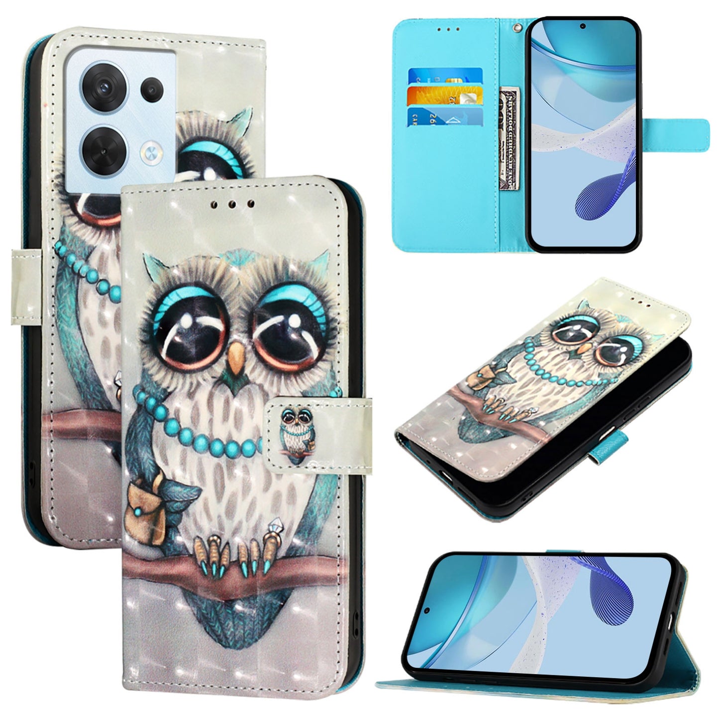 OPPO Reno8 5G Global Leather Flip Phone Case with 3D Painted Design, Card Holder, Wallet & Stand Function - Durable Protection & Easy Access
