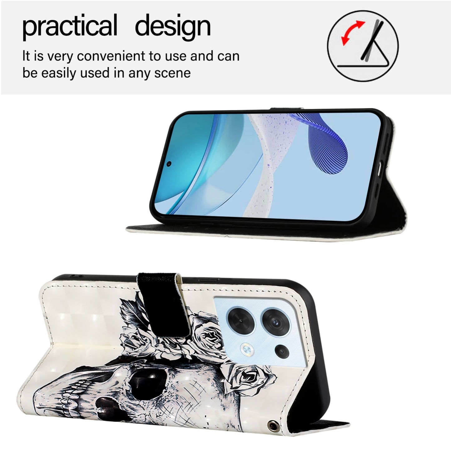 OPPO Reno8 5G Global Leather Flip Phone Case with 3D Painted Design, Card Holder, Wallet & Stand Function - Durable Protection & Easy Access