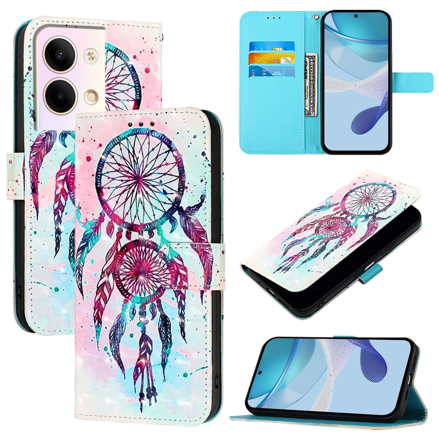 OPPO Reno9 5G Leather Flip Phone Case with 3D Painted Design, Card Holder, Wallet & Stand Function - Durable Protection & Easy Access
