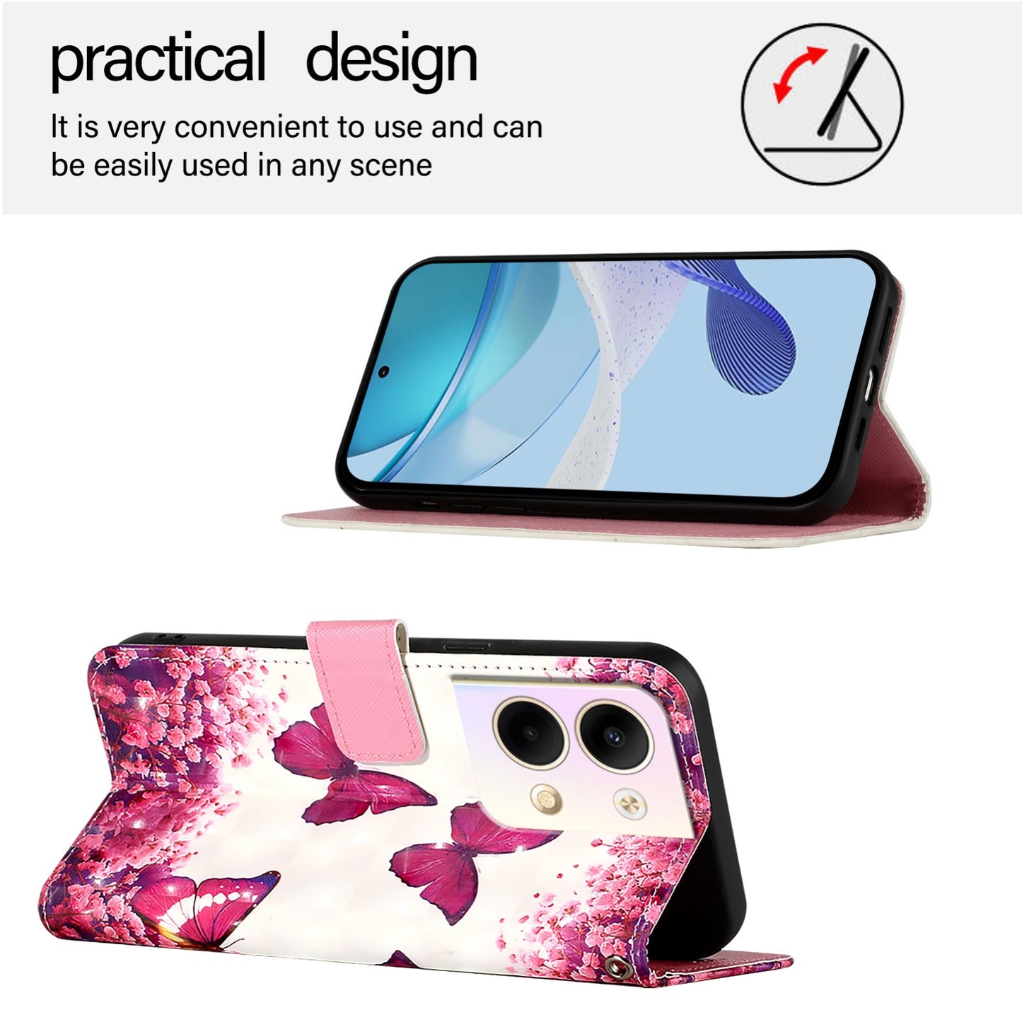 OPPO Reno9 5G Leather Flip Phone Case with 3D Painted Design, Card Holder, Wallet & Stand Function - Durable Protection & Easy Access