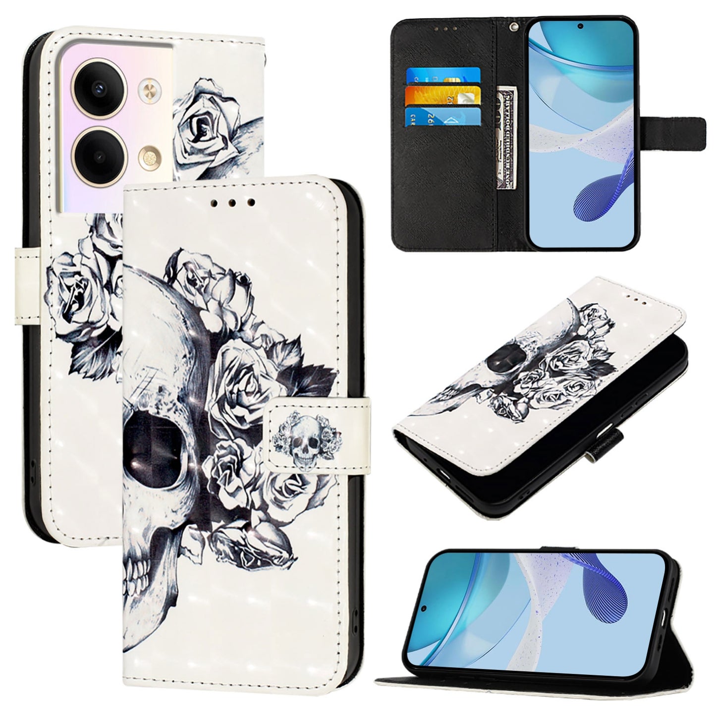 OPPO Reno9 5G Leather Flip Phone Case with 3D Painted Design, Card Holder, Wallet & Stand Function - Durable Protection & Easy Access